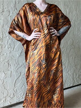 Tiger-Print Boho 80s Sante Classic Retro Maxi Caftan Festival Retro One Size